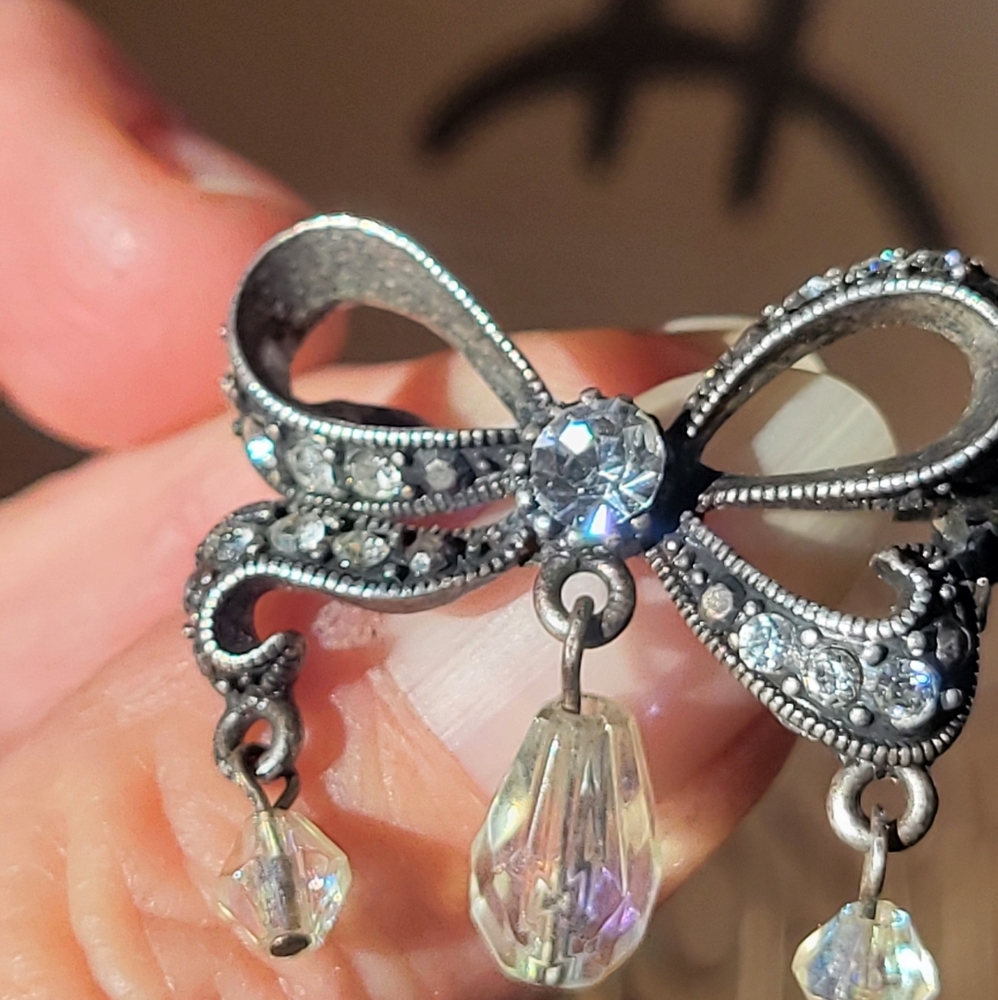 Mini Silver Bow Brooch with Rhinestones 1"
